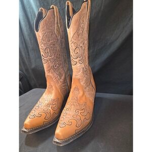 Womens Western Cowboy Boots‎ Tan Brown Leather Embroidered Detail Size 6.5M